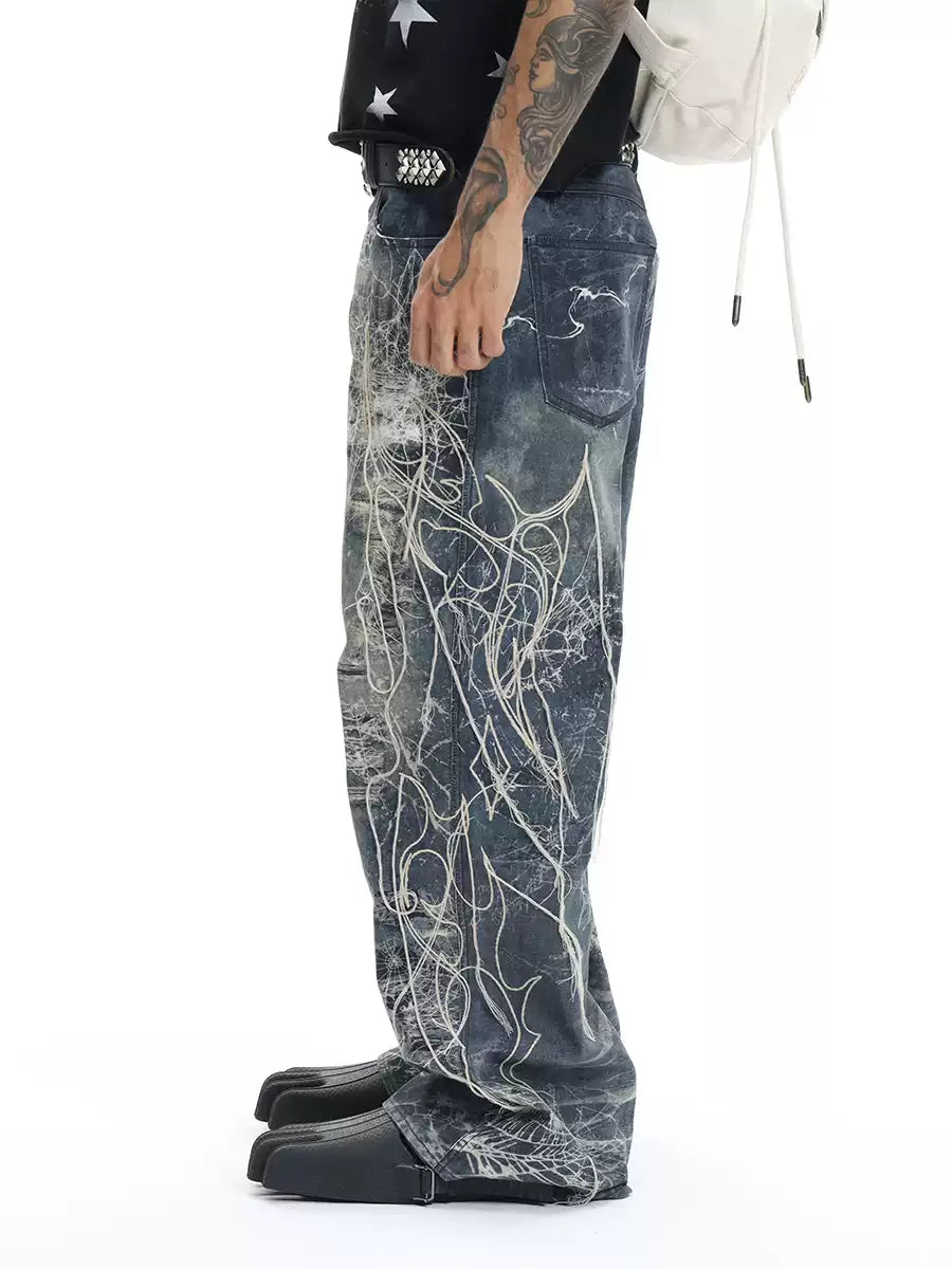 Spider Web Embroidery Tassel Hard Washed Jeans
