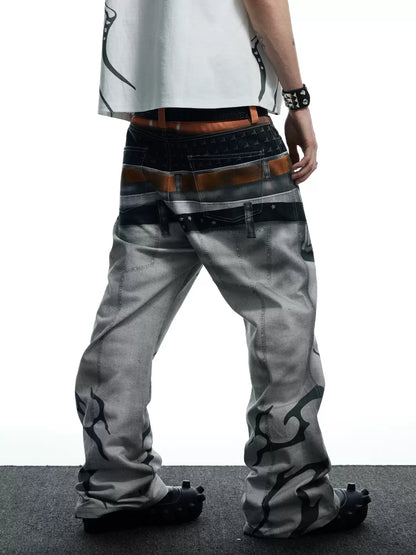 Pistol Print Double-Waistband Baggy Pants