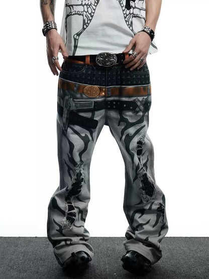 Pistol Print Double-Waistband Baggy Pants