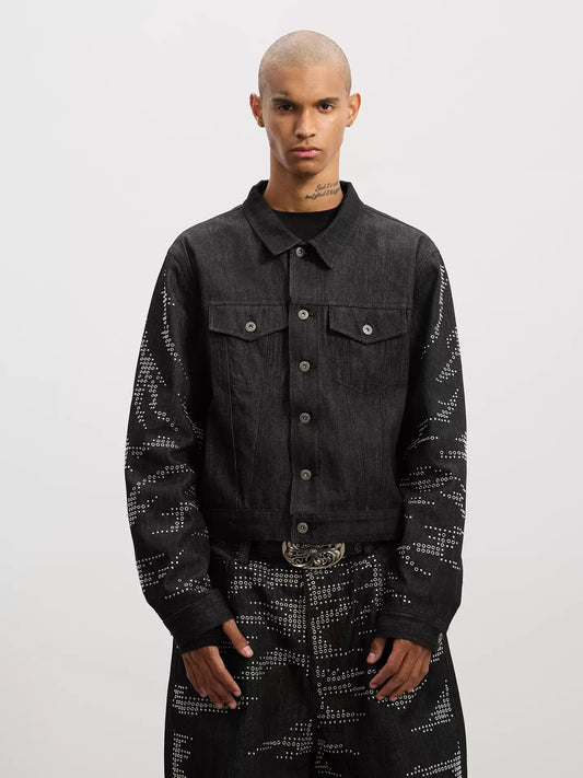 Tiger-Whisker Heat-Pressed Studded Cropped Raw Denim Jacket