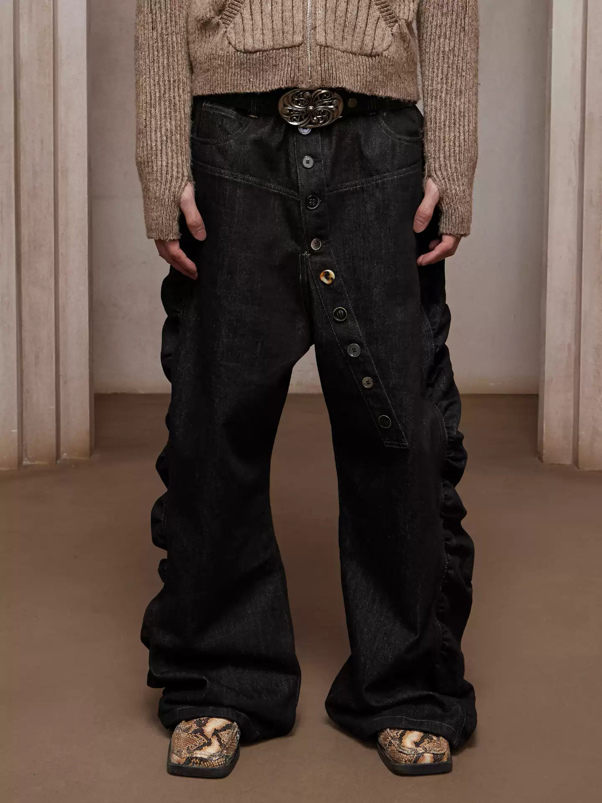 Asymmetric Button Fly Side-Ruched Raw Denim