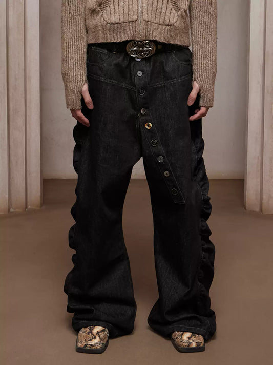 Asymmetric Button Fly Side-Ruched Raw Denim