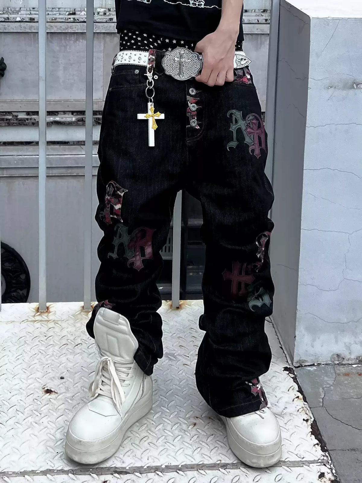 Camouflage Gothic Applique Raw Denim