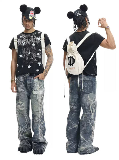 Spider Web Embroidery Tassel Hard Washed Jeans