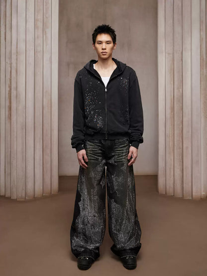 28K Crystal-Studded Dual-Wash A-Line Denim(mud)