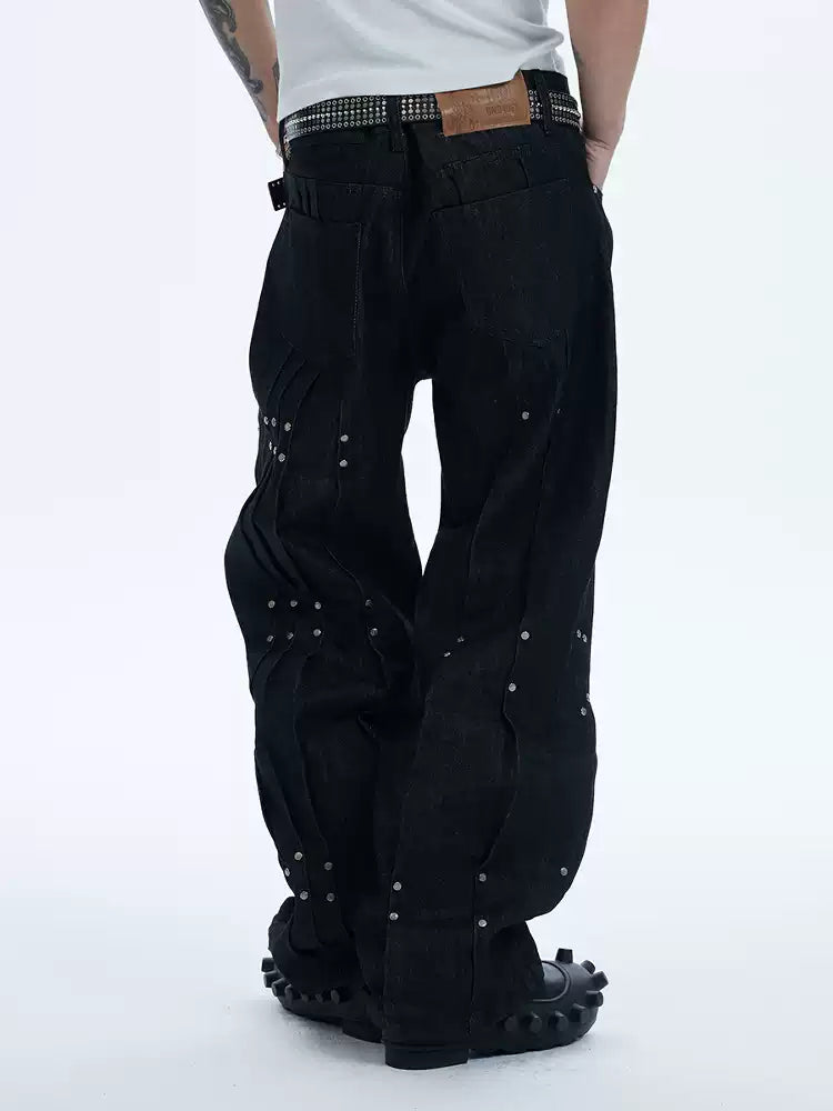Multi Pleats Asymmetric Riveted Raw Denim Wide-Leg Jeans
