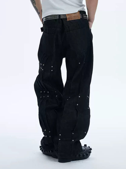 Multi Pleats Asymmetric Riveted Raw Denim Wide-Leg Jeans