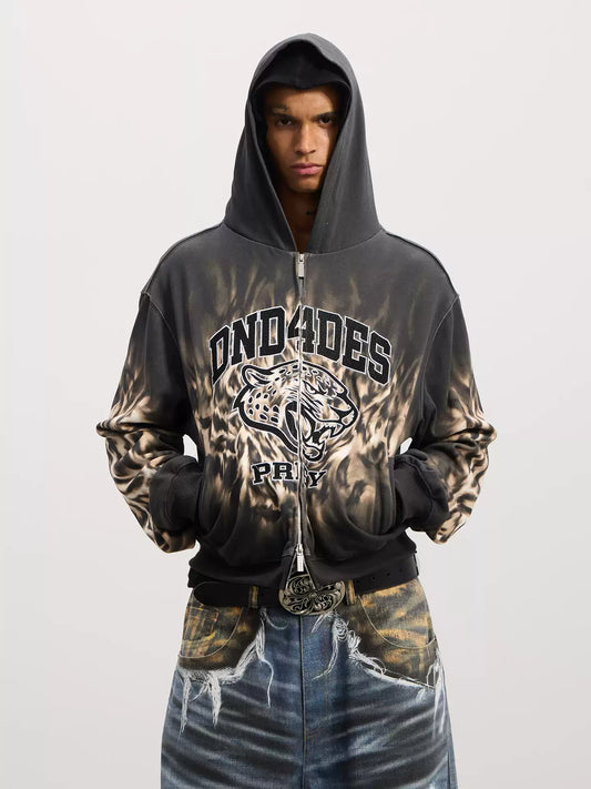 DND4DES “PREY” Leopard Embroidered Dual-Zip Up Hoodie