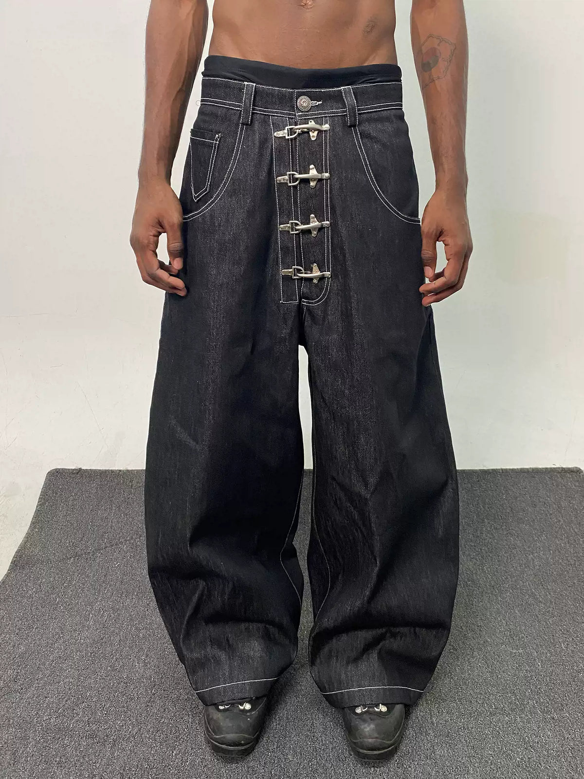 Firefighter Buckle A-Line Baggy Raw Denim Jeans