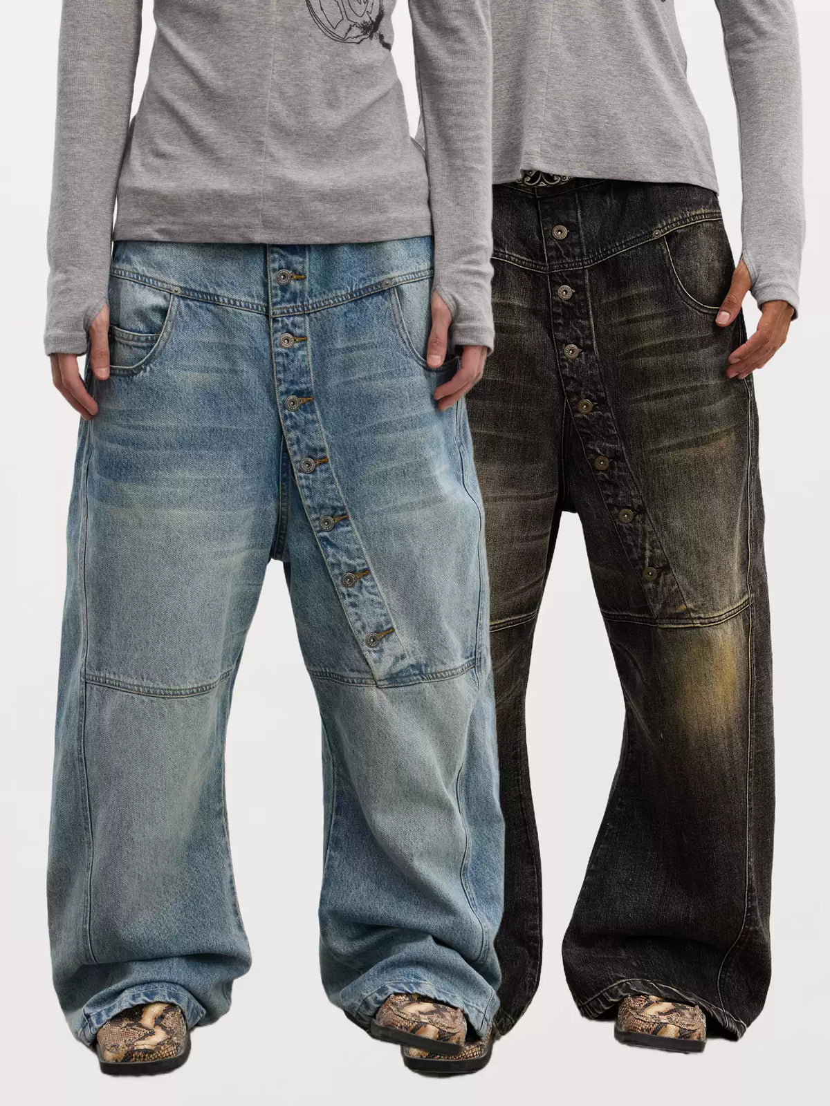 Asymmetrical Long Button Fly Curved-Blade Denim