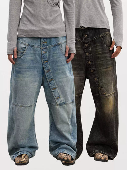 Asymmetrical Long Button Fly Curved-Blade Denim