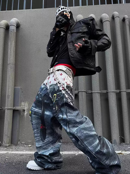 Y2K 00s Trompe-l'œil Double-Waist Baggy Jeans
