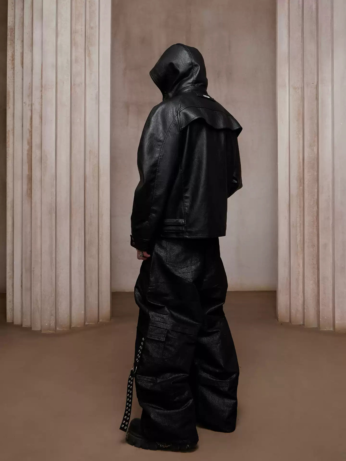Dark Hardware Buckled Hooded Leather Biker Jacket