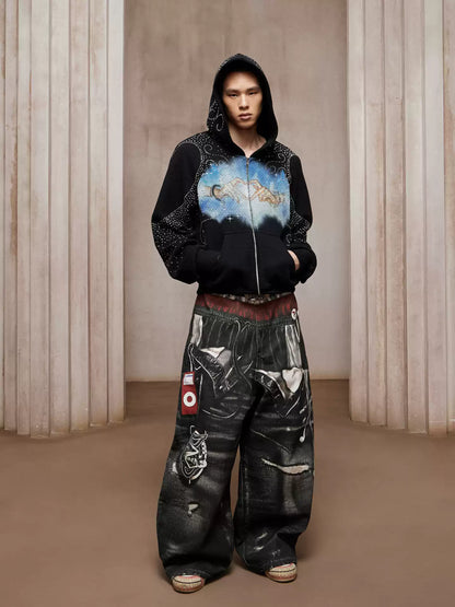 Trompe-l’œil Sports-Layered Printed Baggy Jeans