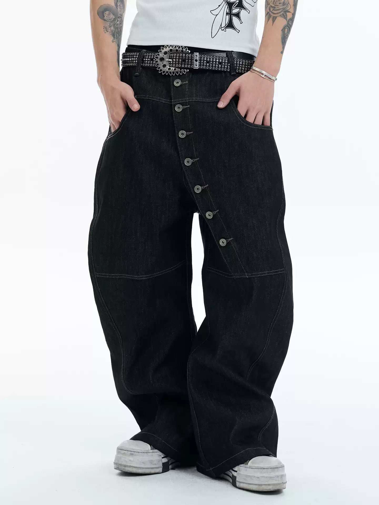 Avant-garde Curved Button-Down Raw Denim Curved Jeans