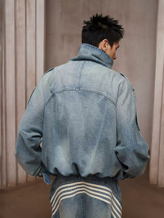 Washed Stand-Collar Double-Breasted Cropped Denim Trench Jacket