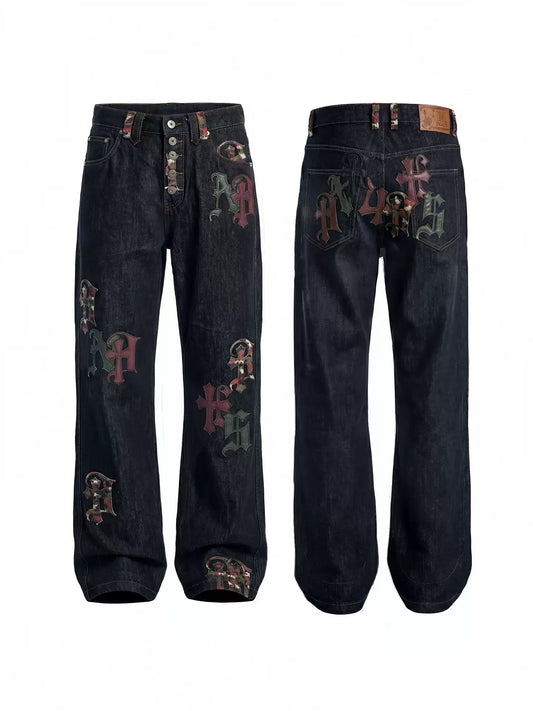 Camouflage Gothic Applique Raw Denim