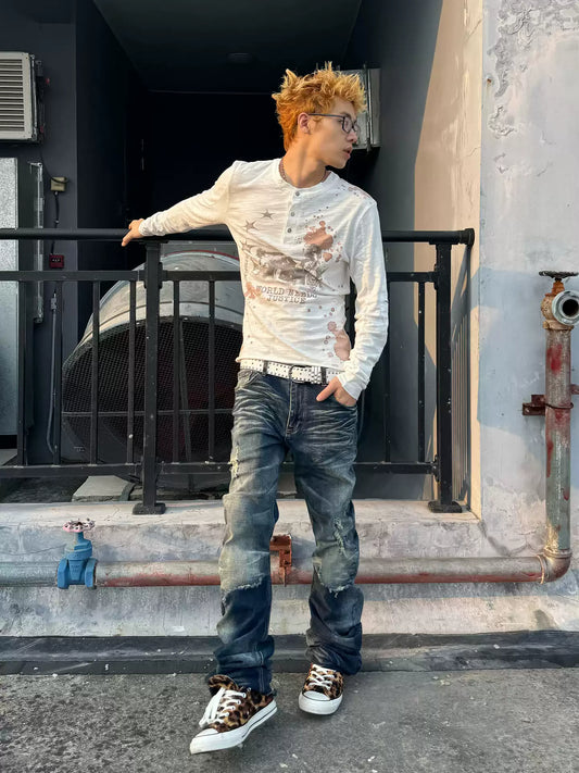 Dirty Fit Whiskered Distressed Washed  Stack Jeans