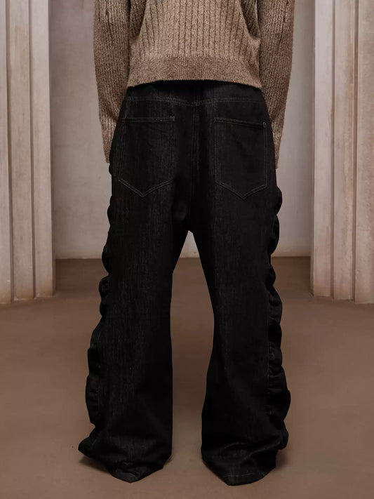 Asymmetric Button Fly Side-Ruched Raw Denim