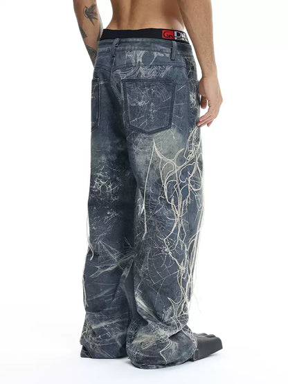 Spider Web Embroidery Tassel Hard Washed Jeans