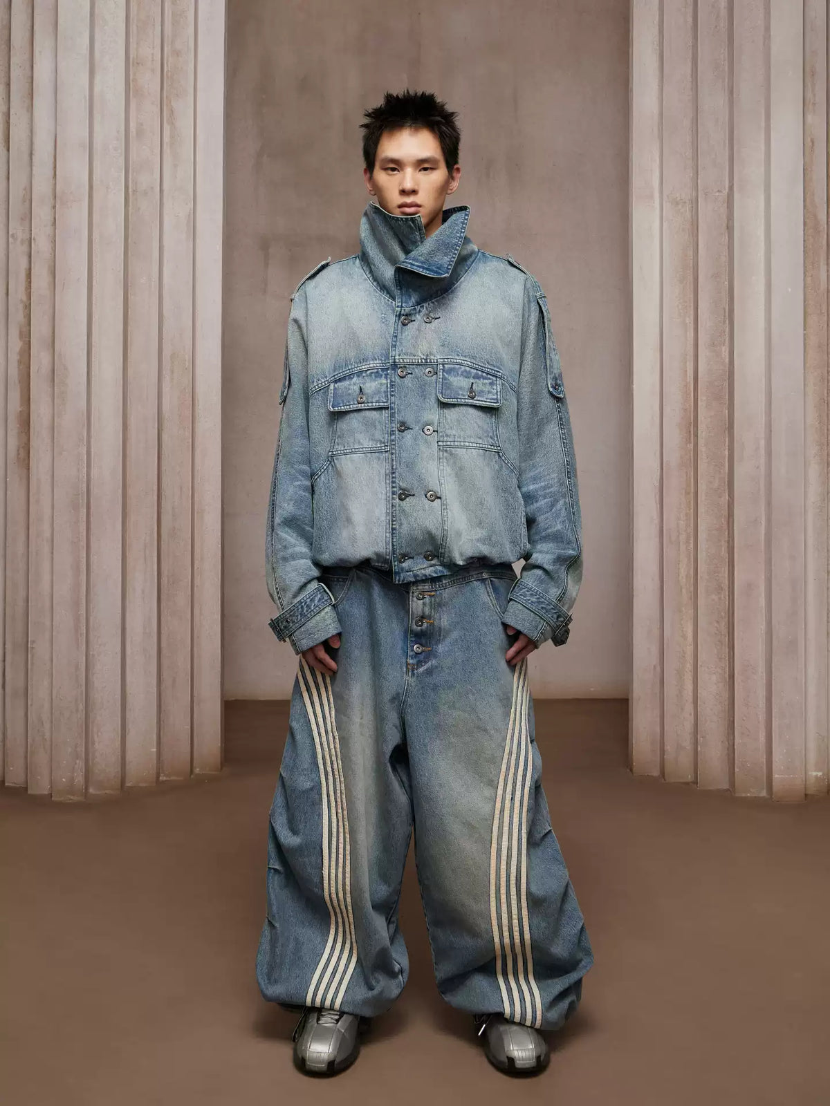 Washed Stand-Collar Double-Breasted Cropped Denim Trench Jacket