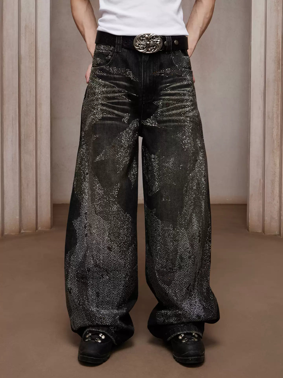 28K Crystal-Studded Dual-Wash A-Line Denim(mud)