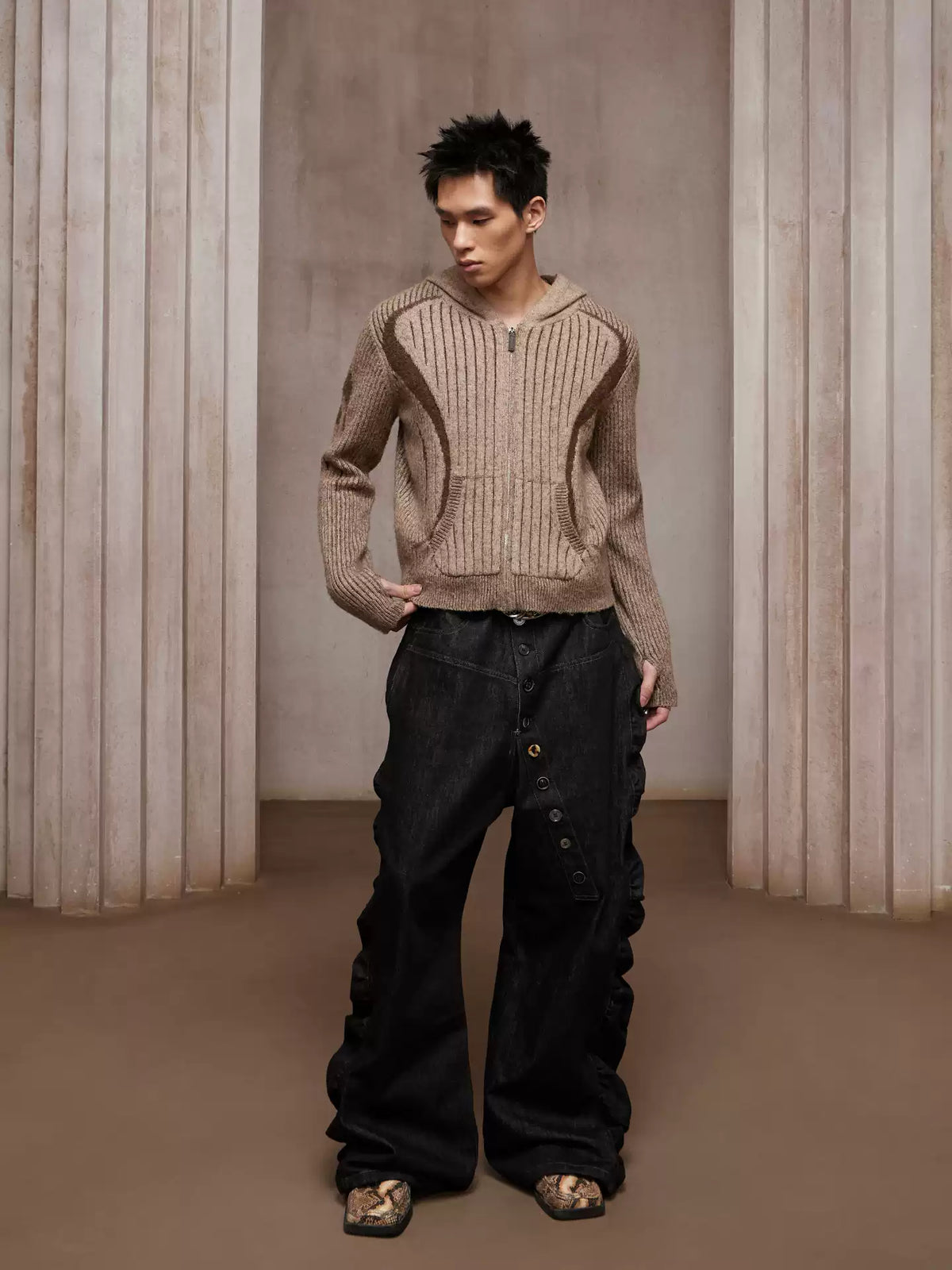 Asymmetric Button Fly Side-Ruched Raw Denim