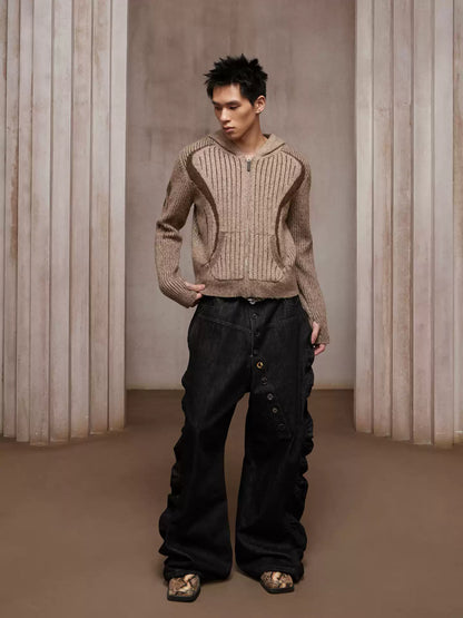 Structured Two-Tone Ribbed Knit Zip-Up Hoodie