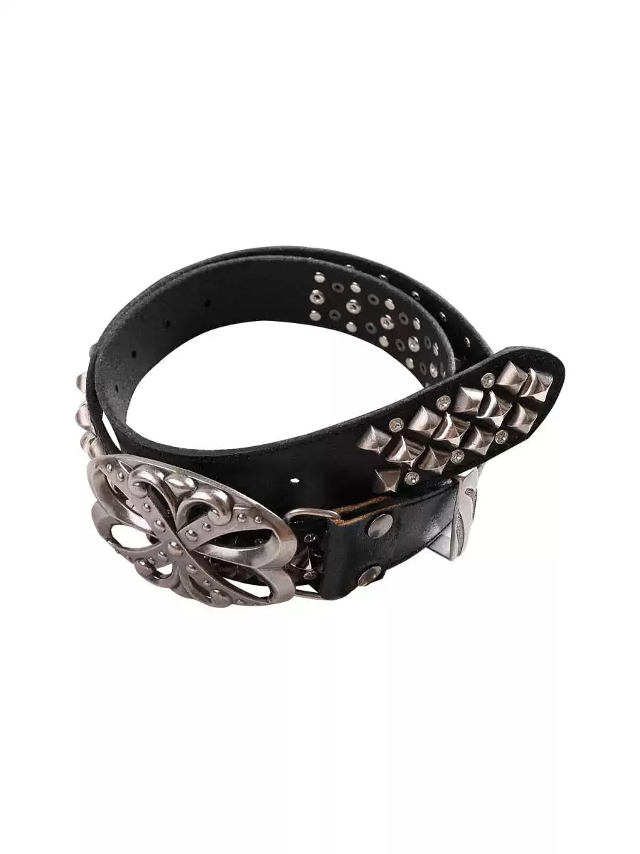 Studded Rhinestone Carved Buckle Leather Belt