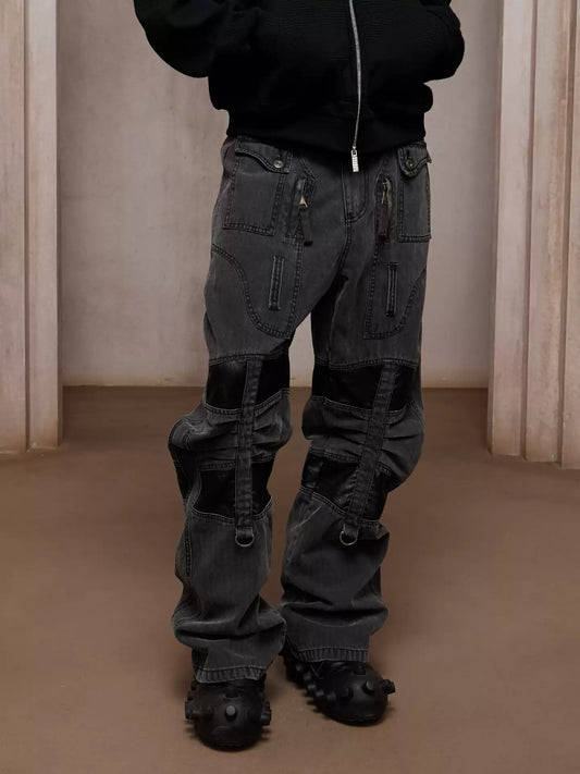 Heavy Washed Leather-Panel Utility Cargo Jeans
