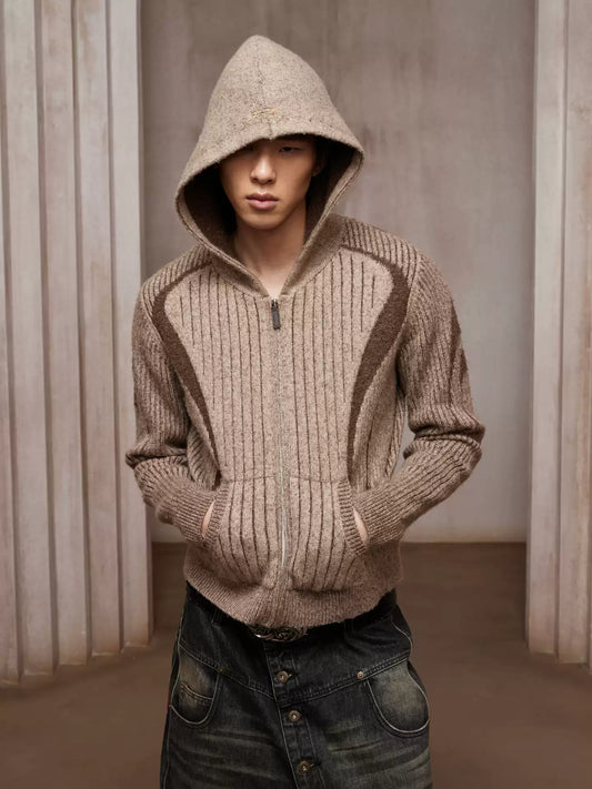 Structured Two-Tone Ribbed Knit Zip-Up Hoodie
