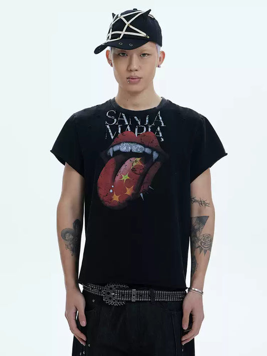 Punk Grailz Rolling Tongue Graphic Distressed Cut-Off Tee