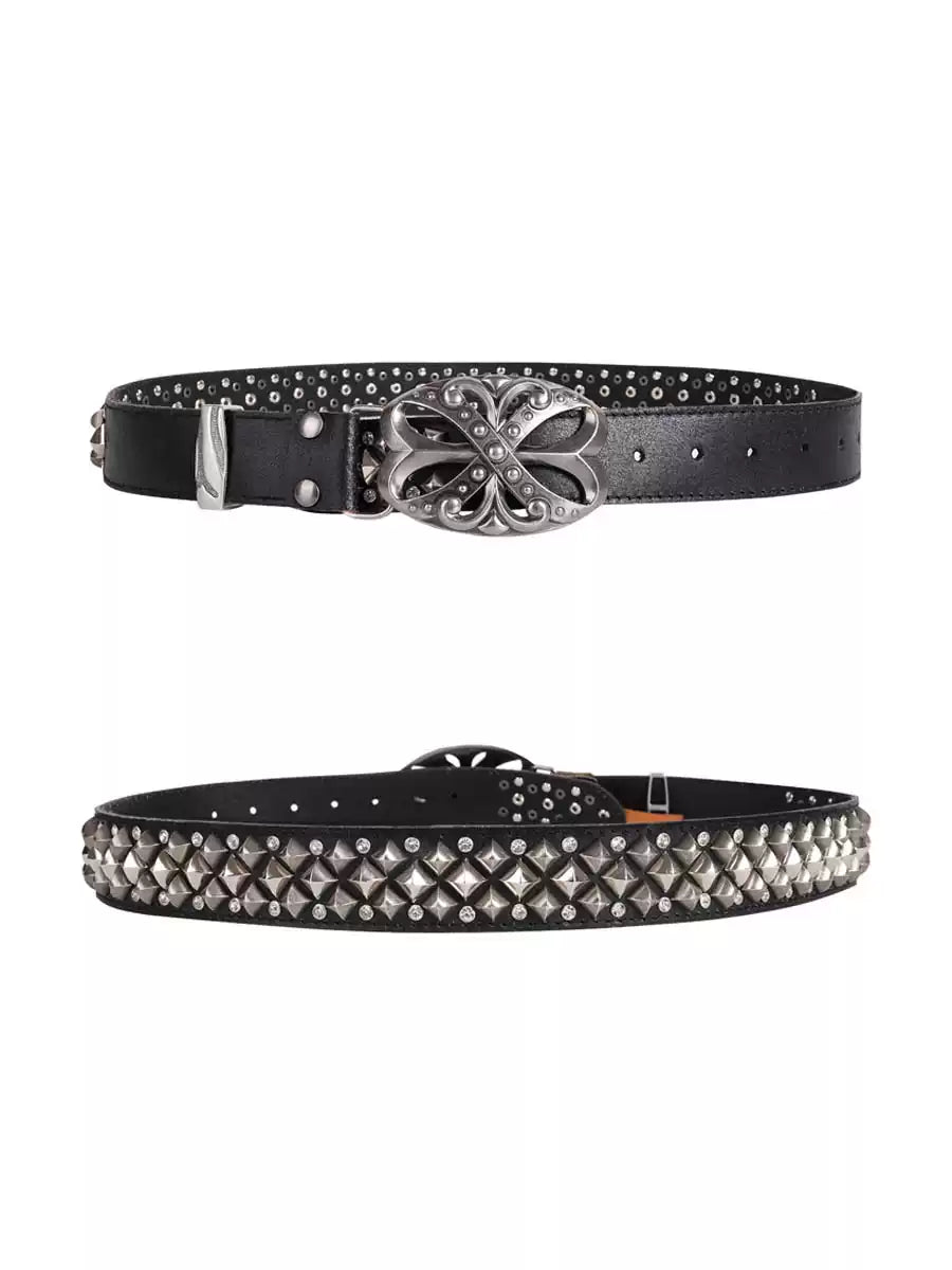 Studded Rhinestone Carved Buckle Leather Belt