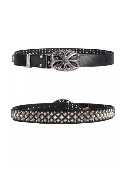 Studded Rhinestone Carved Buckle Leather Belt