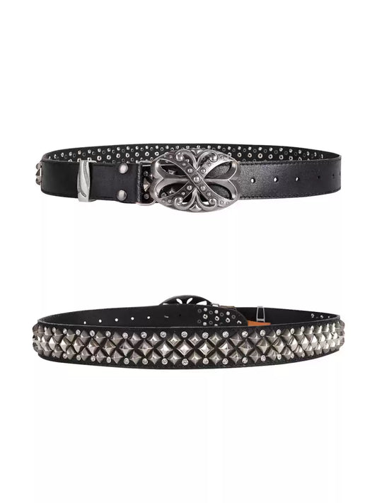 Studded Rhinestone Carved Buckle Leather Belt