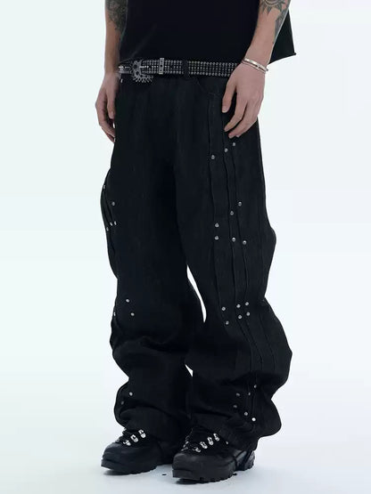 Multi Pleats Asymmetric Riveted Raw Denim Wide-Leg Jeans