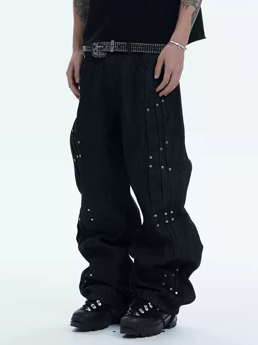 Multi Pleats Asymmetric Riveted Raw Denim Wide-Leg Jeans