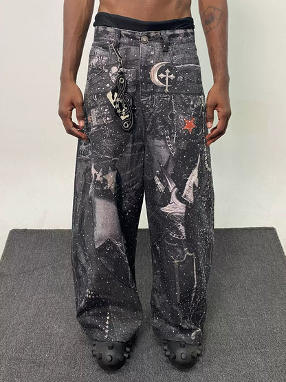 Rhinestone-Studded Armour Print Baggy Pants