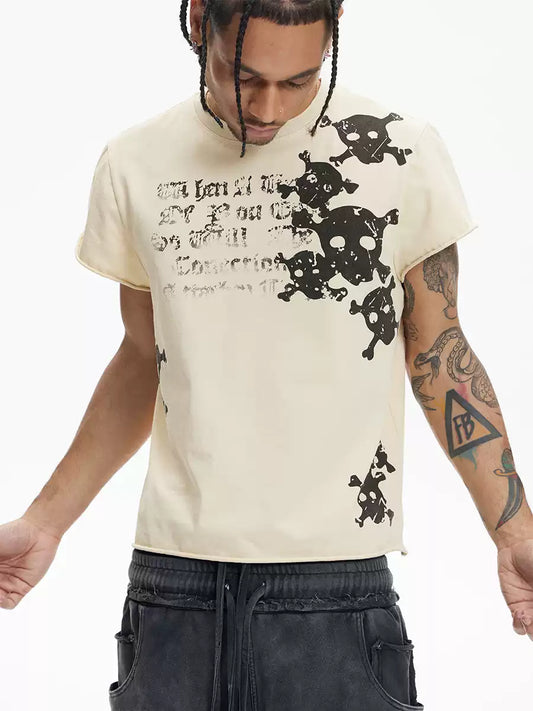 Multi Skulls Distressed Rolled Sleeve Tee