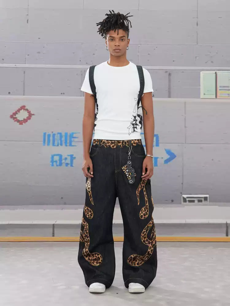 Genuine Haircalf Leopard Leather Note Embroidery Baggy Raw Denim Jeans