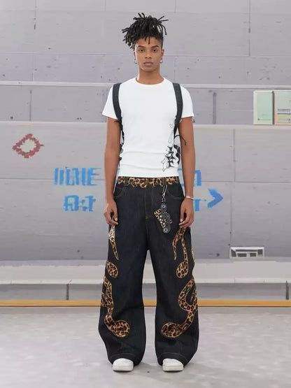 Genuine Haircalf Leopard Leather Note Embroidery Baggy Raw Denim Jeans