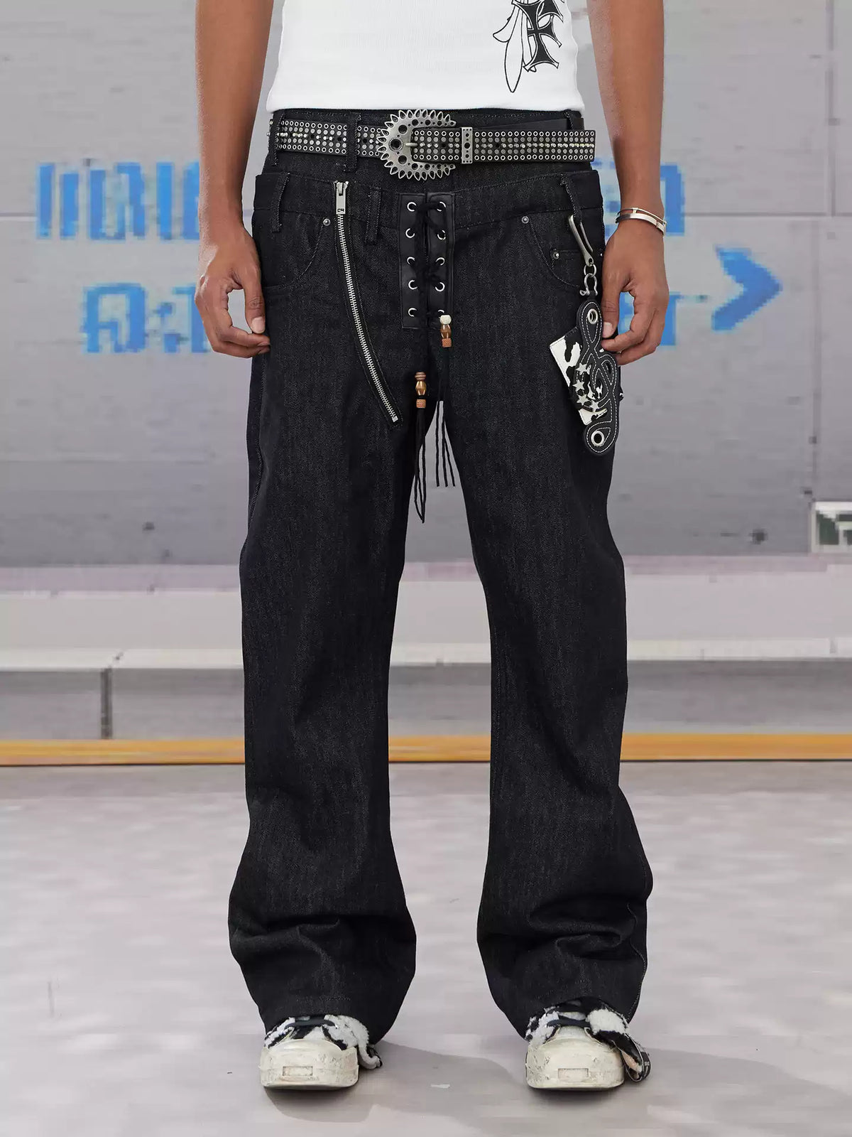 Slanted Zipper Lace-Up Double-Waistband Raw Denim Jeans