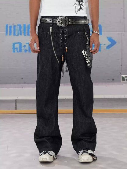 Slanted Zipper Lace-Up Double-Waistband Raw Denim Jeans