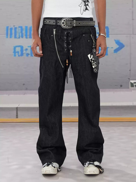 Slanted Zipper Lace-Up Double-Waistband Raw Denim Jeans