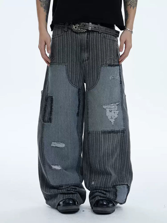 Striped Patchwork Distressed Carpenter Pants