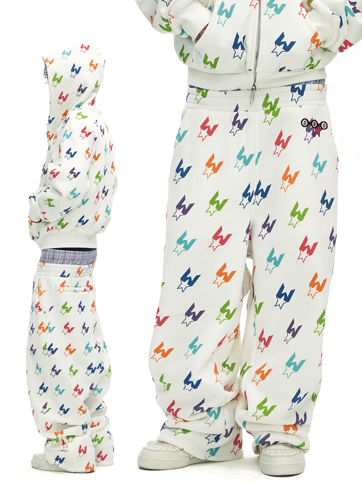 Multicolor Houndstooth Zip-Up Hoodie & Double-Waist Sweatpants