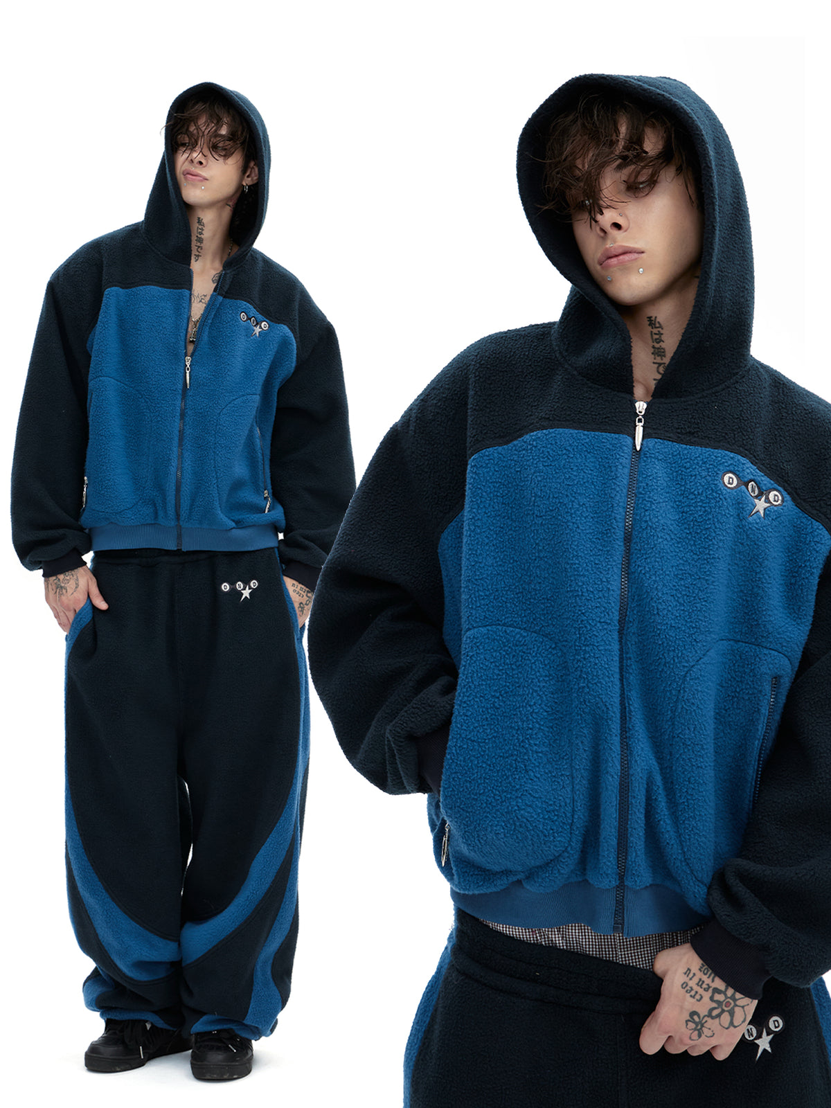 Colorblock Fleece Zip-Up Hoodie & Wide-Leg Sweatpants