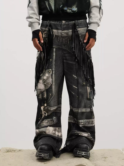 Gothic Fringe Dual-Gun Printed Baggy Jeans - image 1 of 5