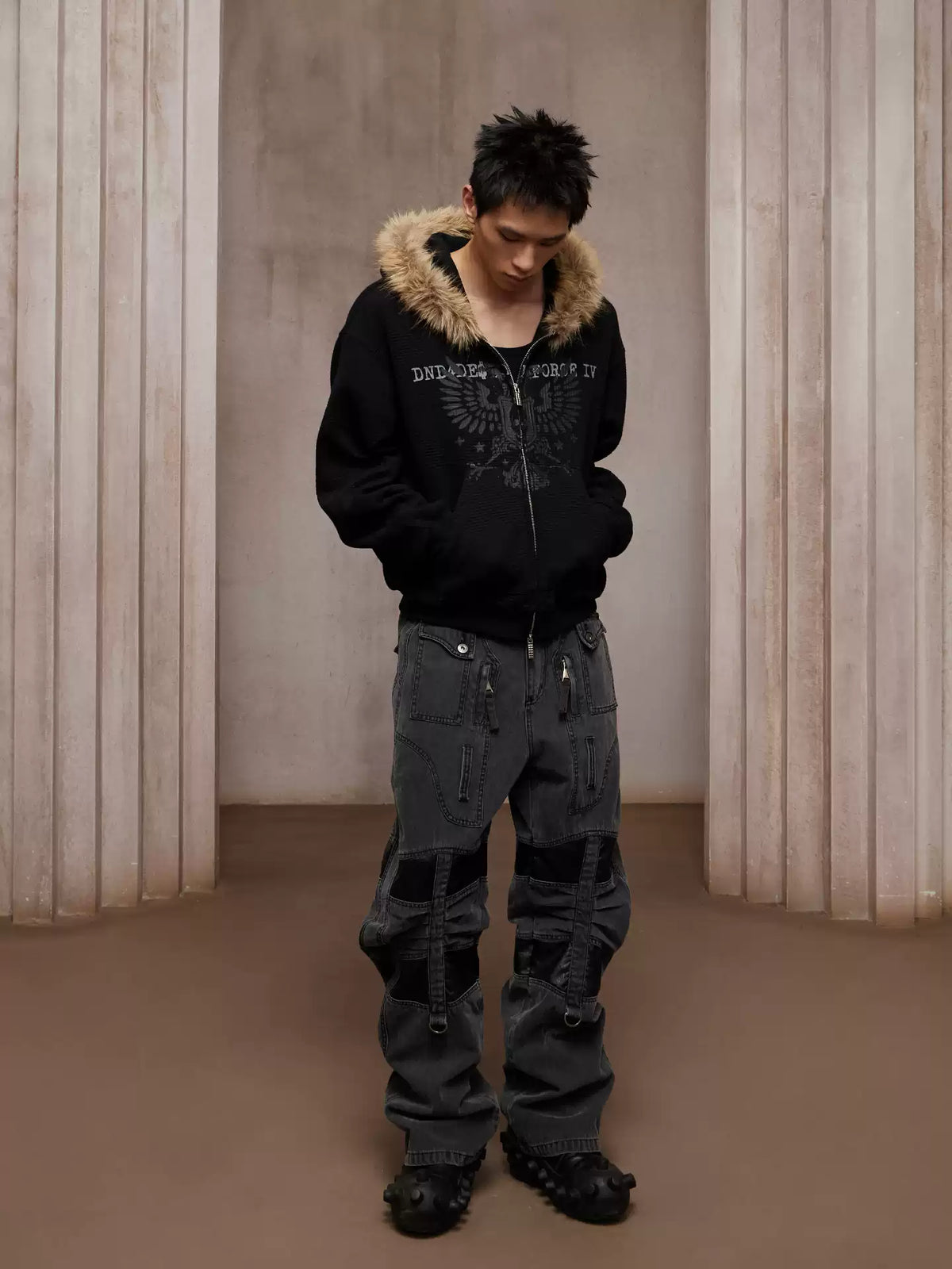 Heavy Washed Faux Leather-Panel Cargo Jeans - image 3 of 5