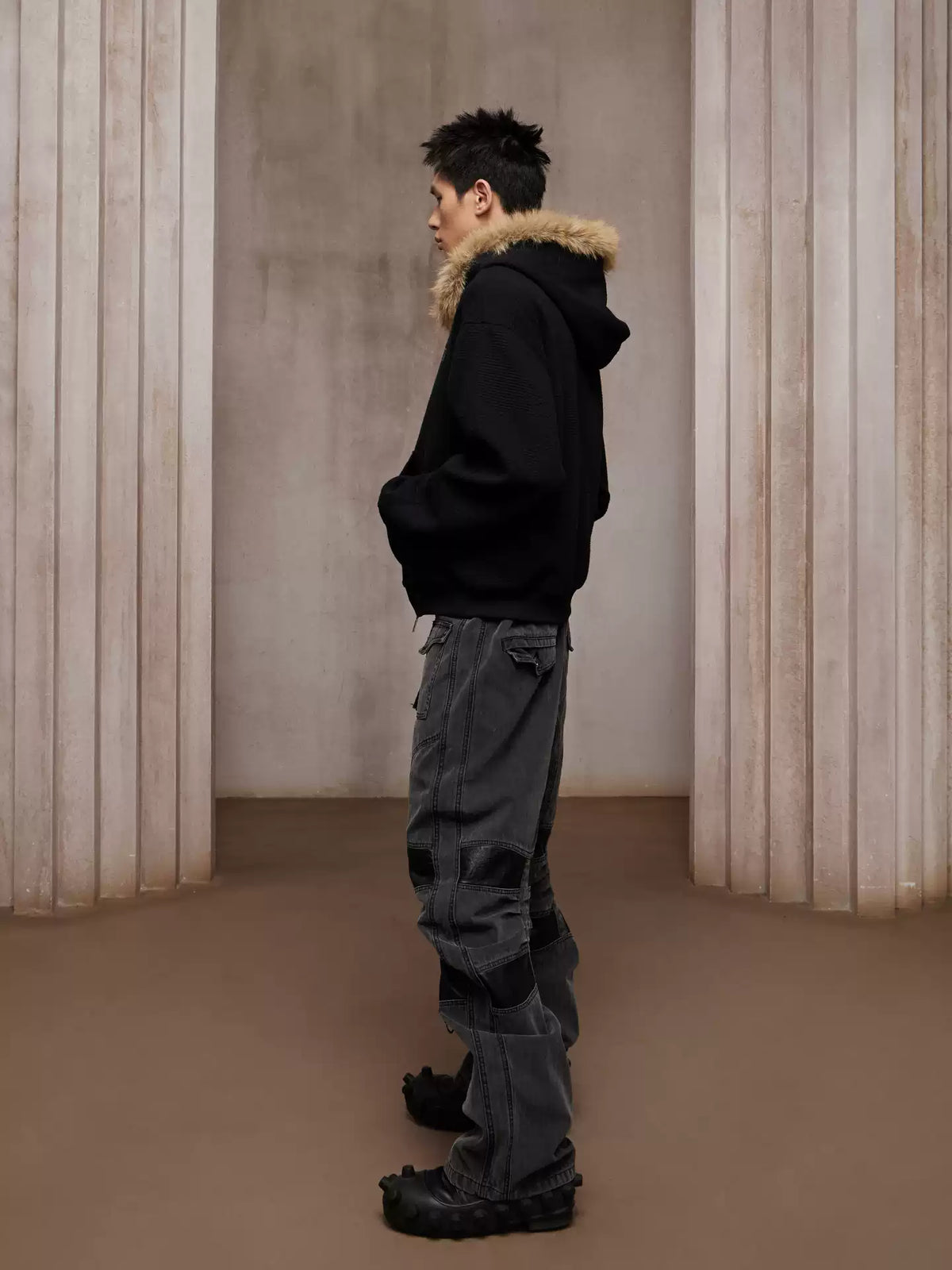 Heavy Washed Faux Leather-Panel Cargo Jeans - image 4 of 5